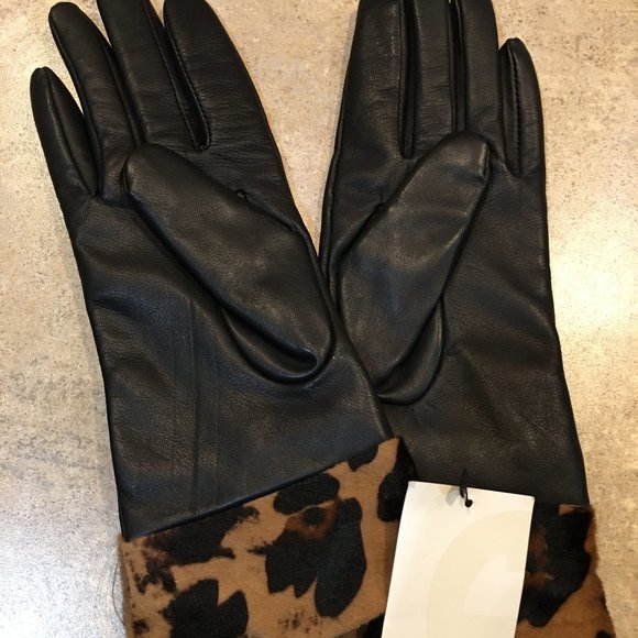NEW w/tags Women's ETIENNE AIGNER Black Leather Gloves with Leopard Cuff - Picture 3 of 3